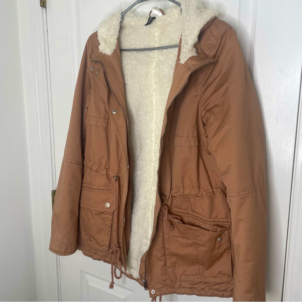 Faux Fur Lined Winter Utility Coat With Detachable Fur For Hood Tan/Mauve-Size L